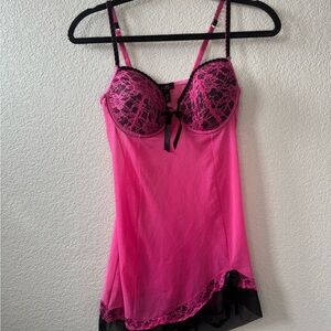 Chic Pink Lace Chemise with Black Accents
